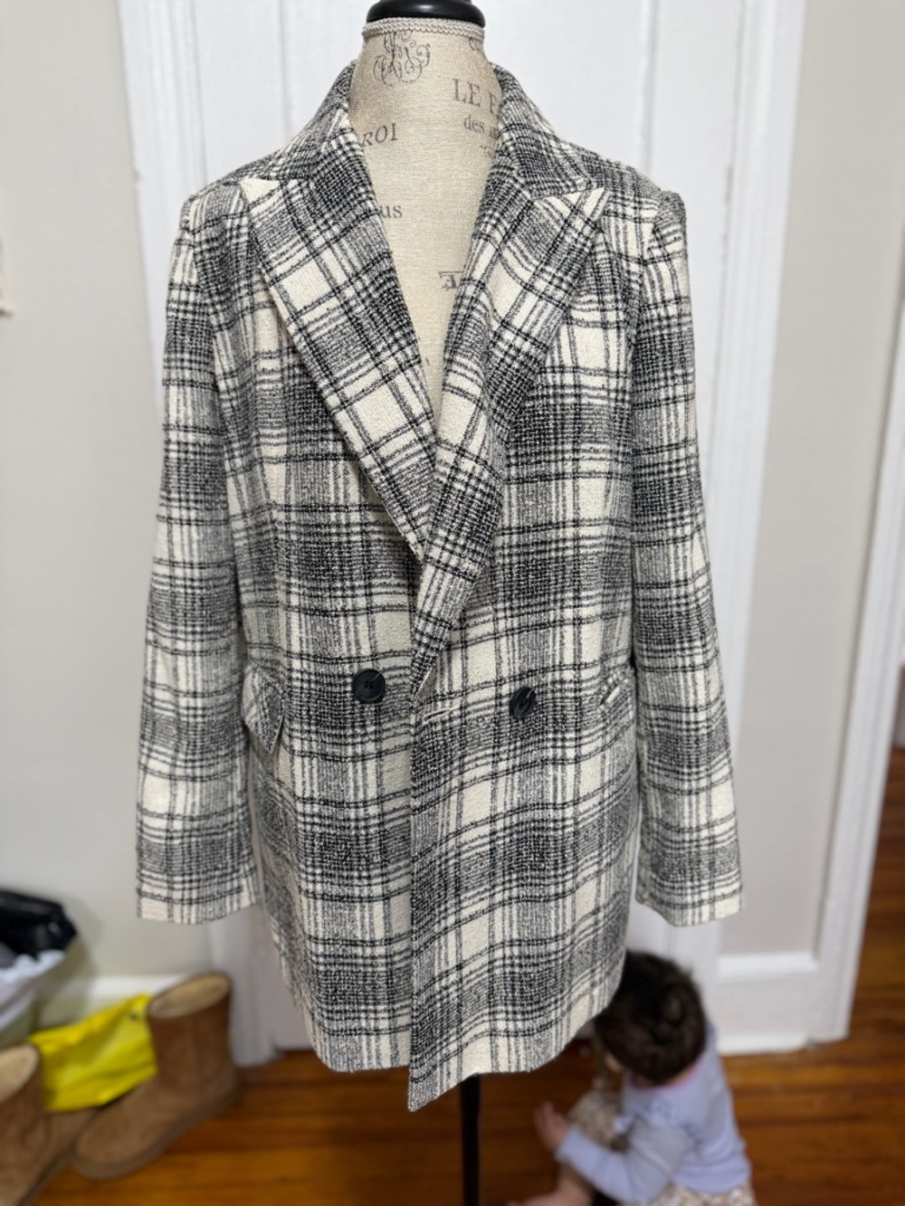 Primark Black & White Plaid Double-Breasted Pea Coat